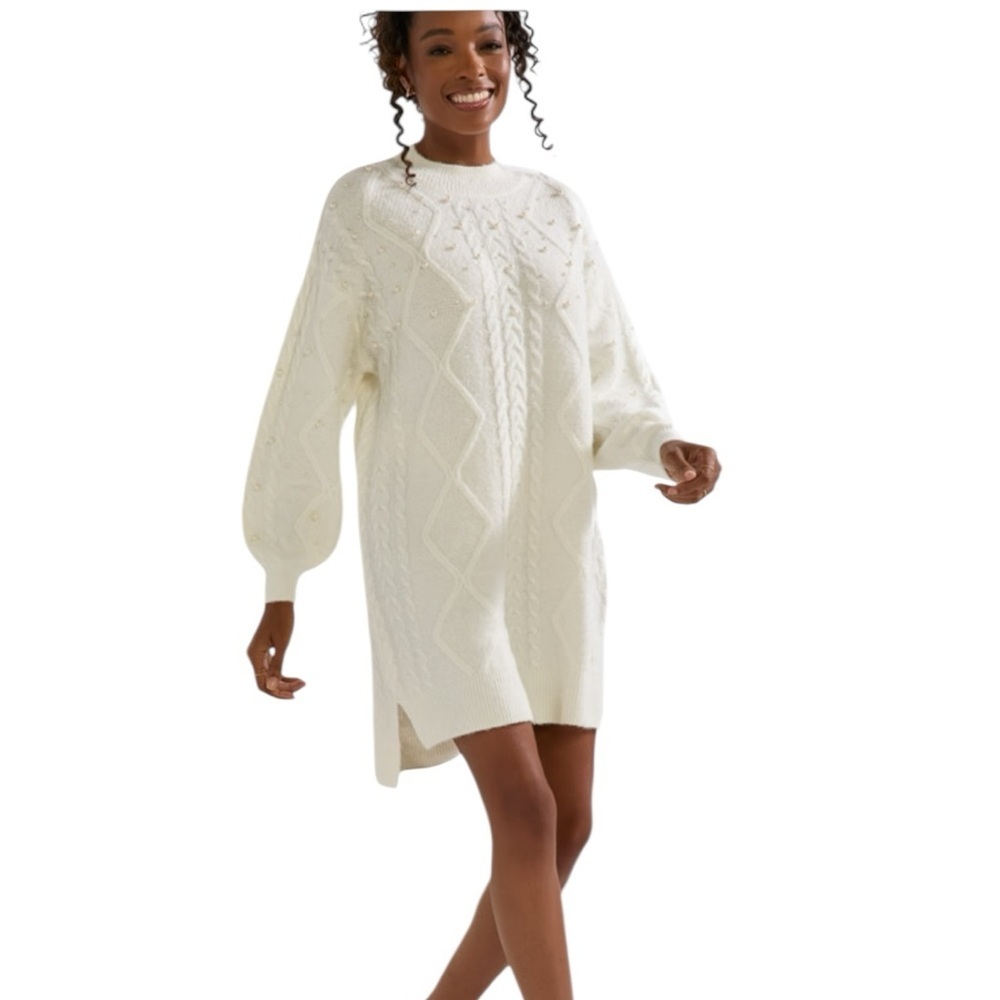 Francesca’s . cable-knit dress with pearl embellishments